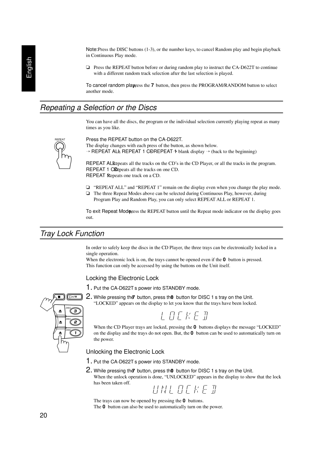 JVC GVT0001-002A manual Repeating a Selection or the Discs, Tray Lock Function, Locking the Electronic Lock 