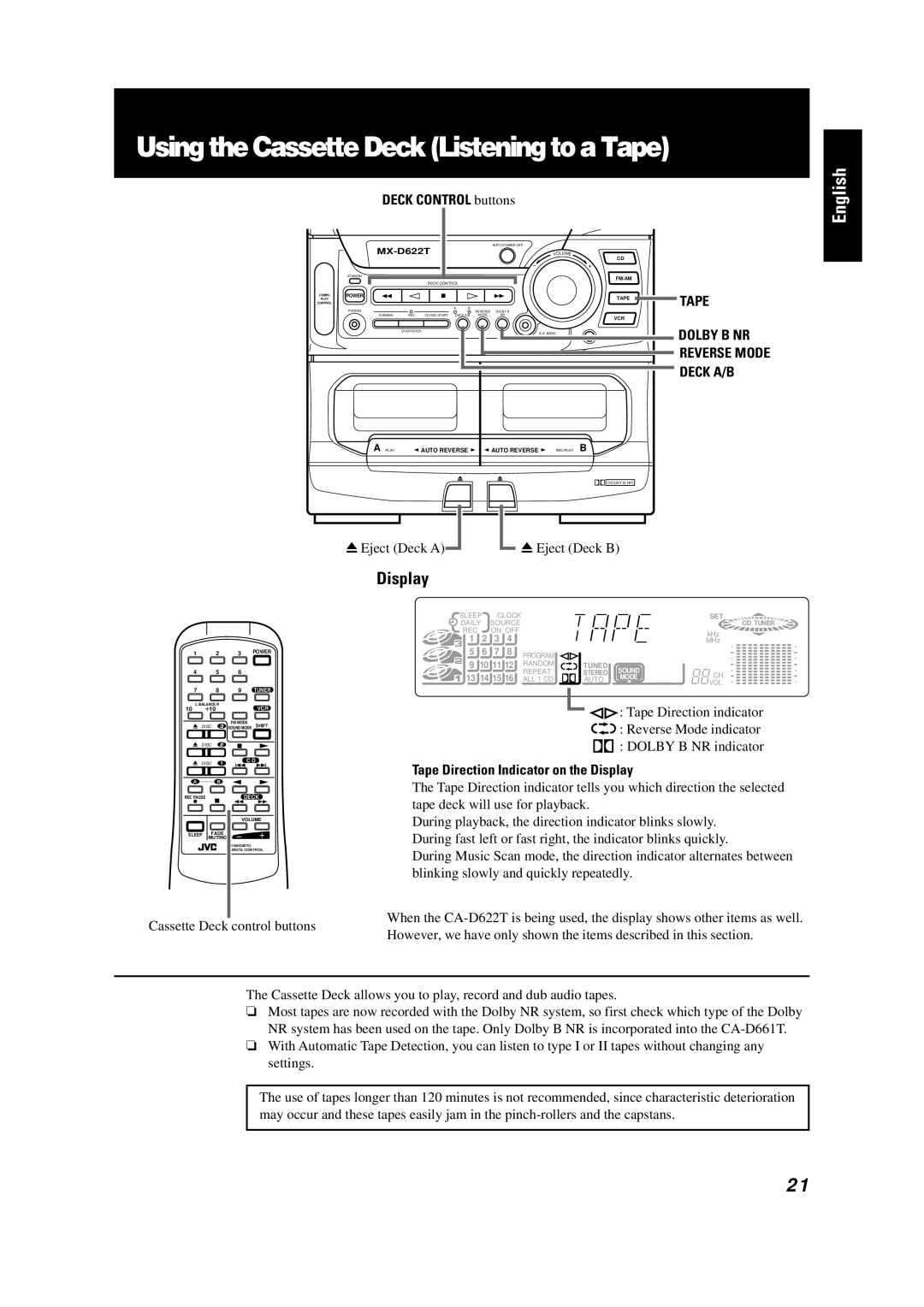 JVC GVT0001-002A manual Using the Cassette Deck Listening to a Tape, Deck Control buttons, Deck A/B 