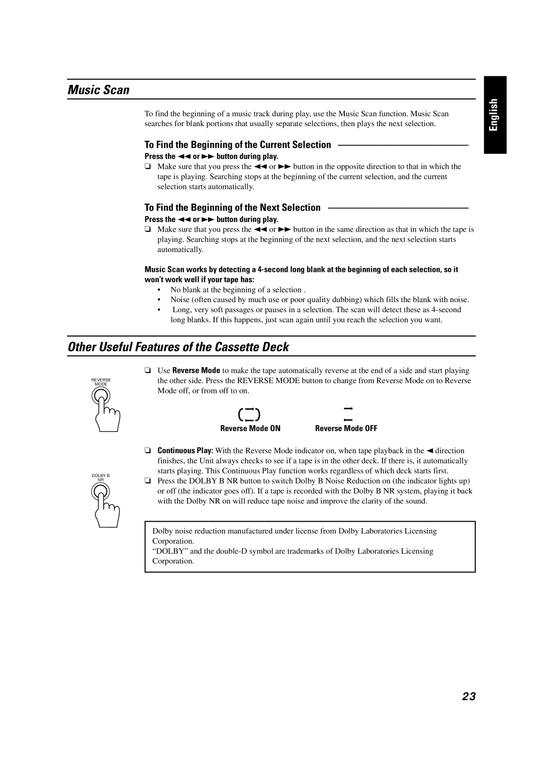 JVC GVT0001-002A manual Music Scan, Other Useful Features of the Cassette Deck, Press the 1or Ábutton during play 