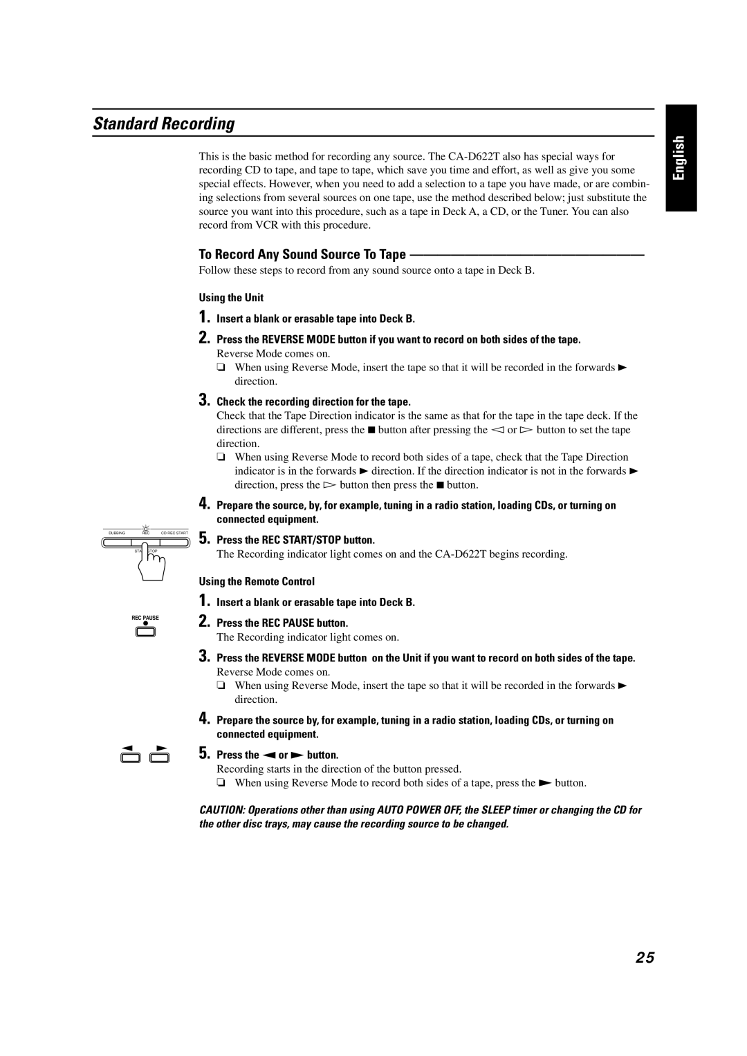 JVC GVT0001-002A manual Standard Recording, Check the recording direction for the tape, Recording indicator light comes on 