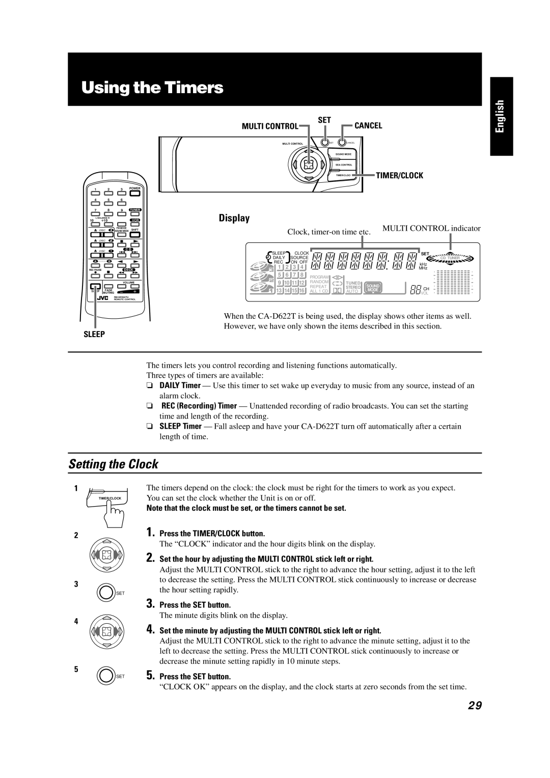 JVC GVT0001-002A manual Using the Timers, Setting the Clock, Multi Control SET Cancel, Sleep, Press the TIMER/CLOCK button 