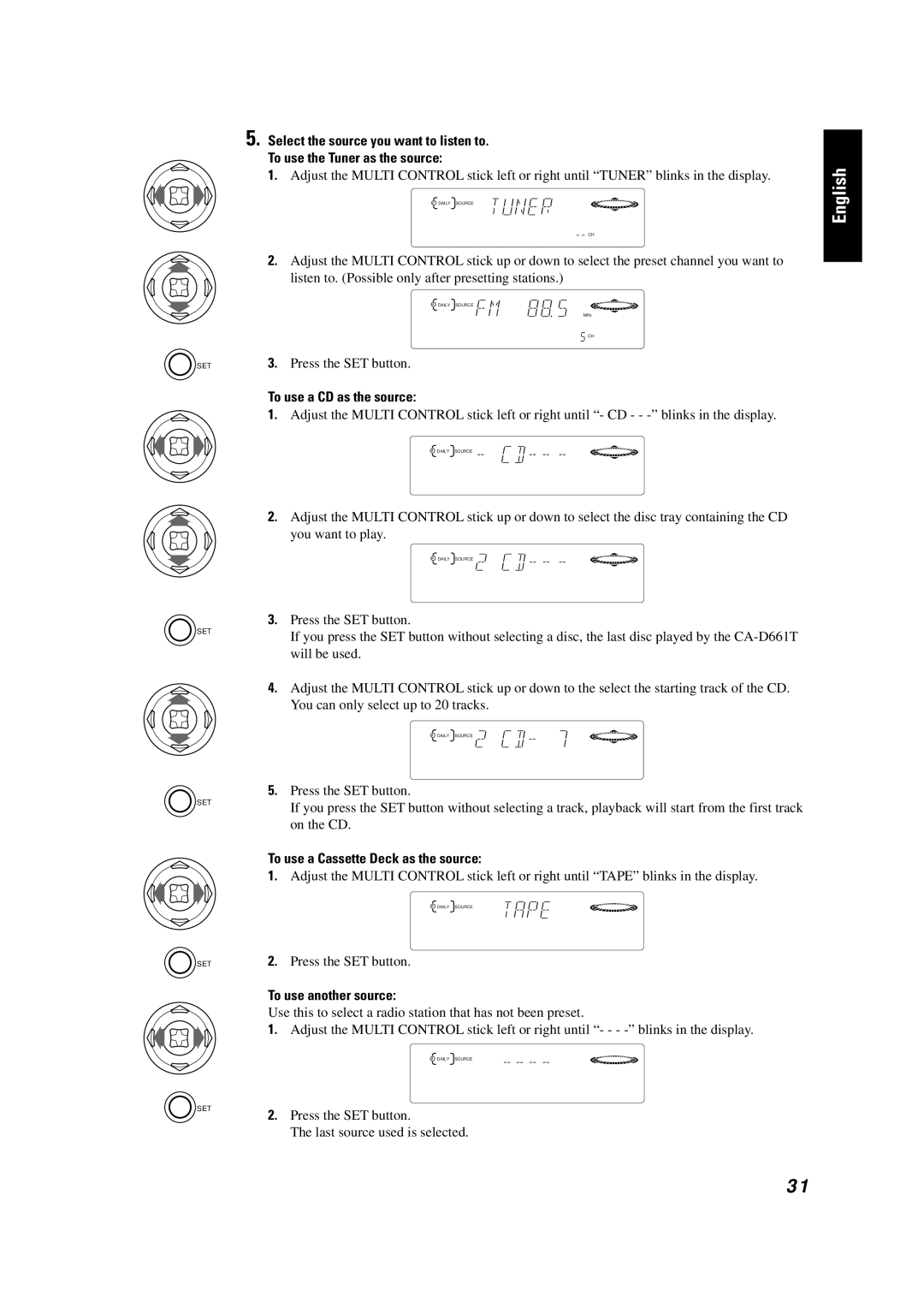 JVC GVT0001-002A manual To use a CD as the source, To use a Cassette Deck as the source, To use another source 