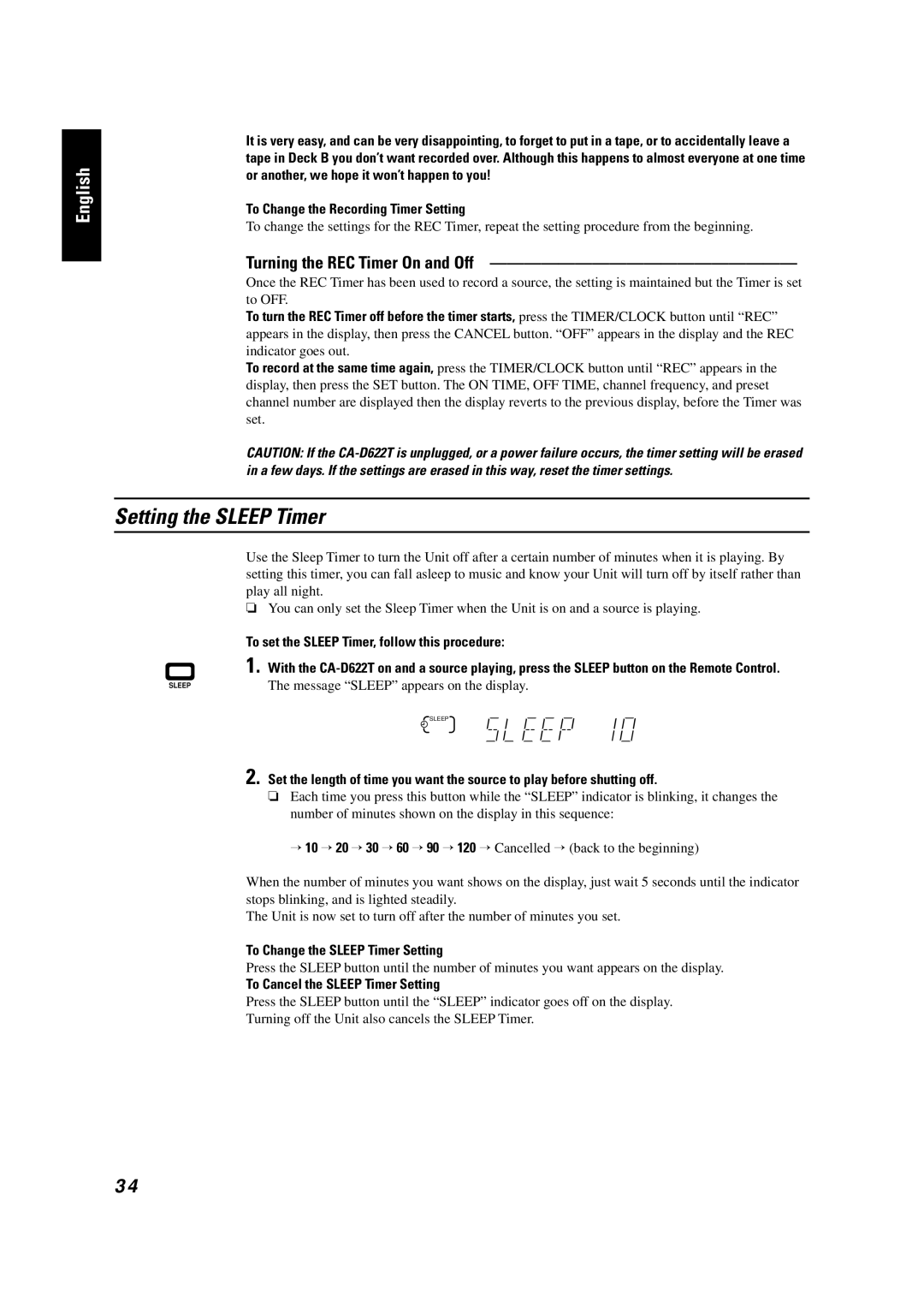 JVC GVT0001-002A Setting the Sleep Timer, Turning the REC Timer On and Off, To set the Sleep Timer, follow this procedure 