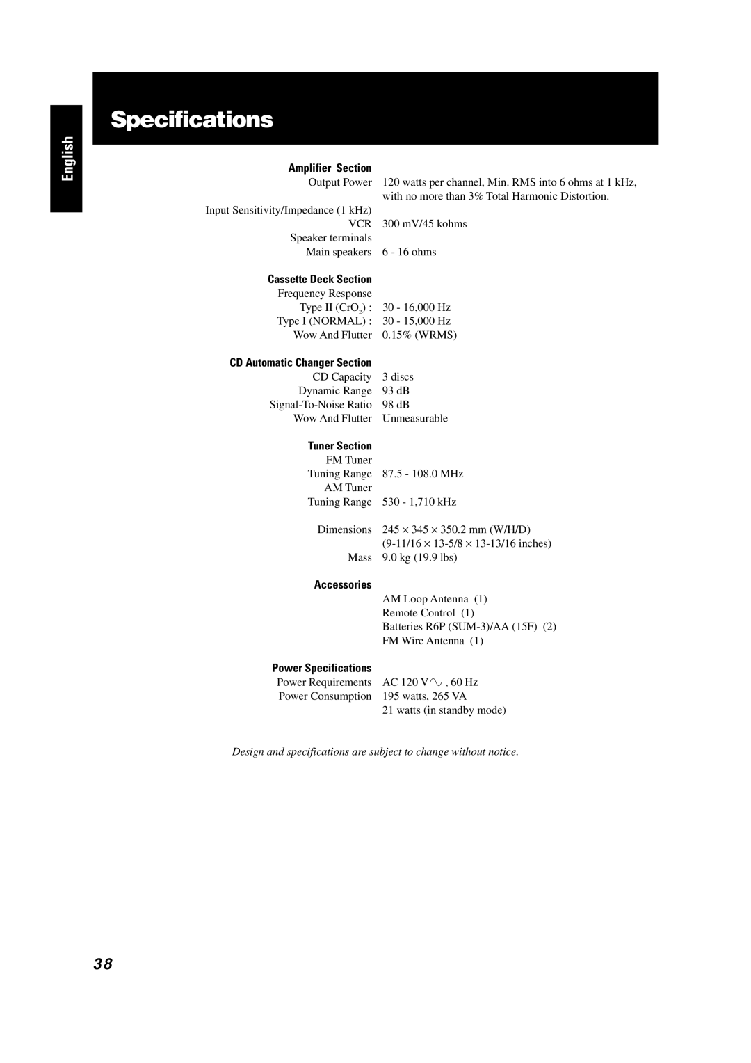 JVC GVT0001-002A manual Specifications 