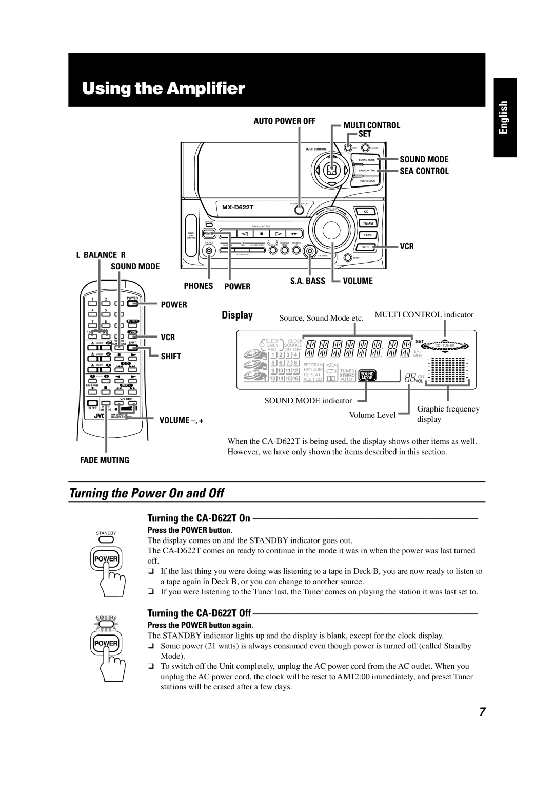 JVC GVT0001-002A Using the Amplifier, Turning the Power On and Off, Turning the CA-D622T On, Turning the CA-D622T Off 