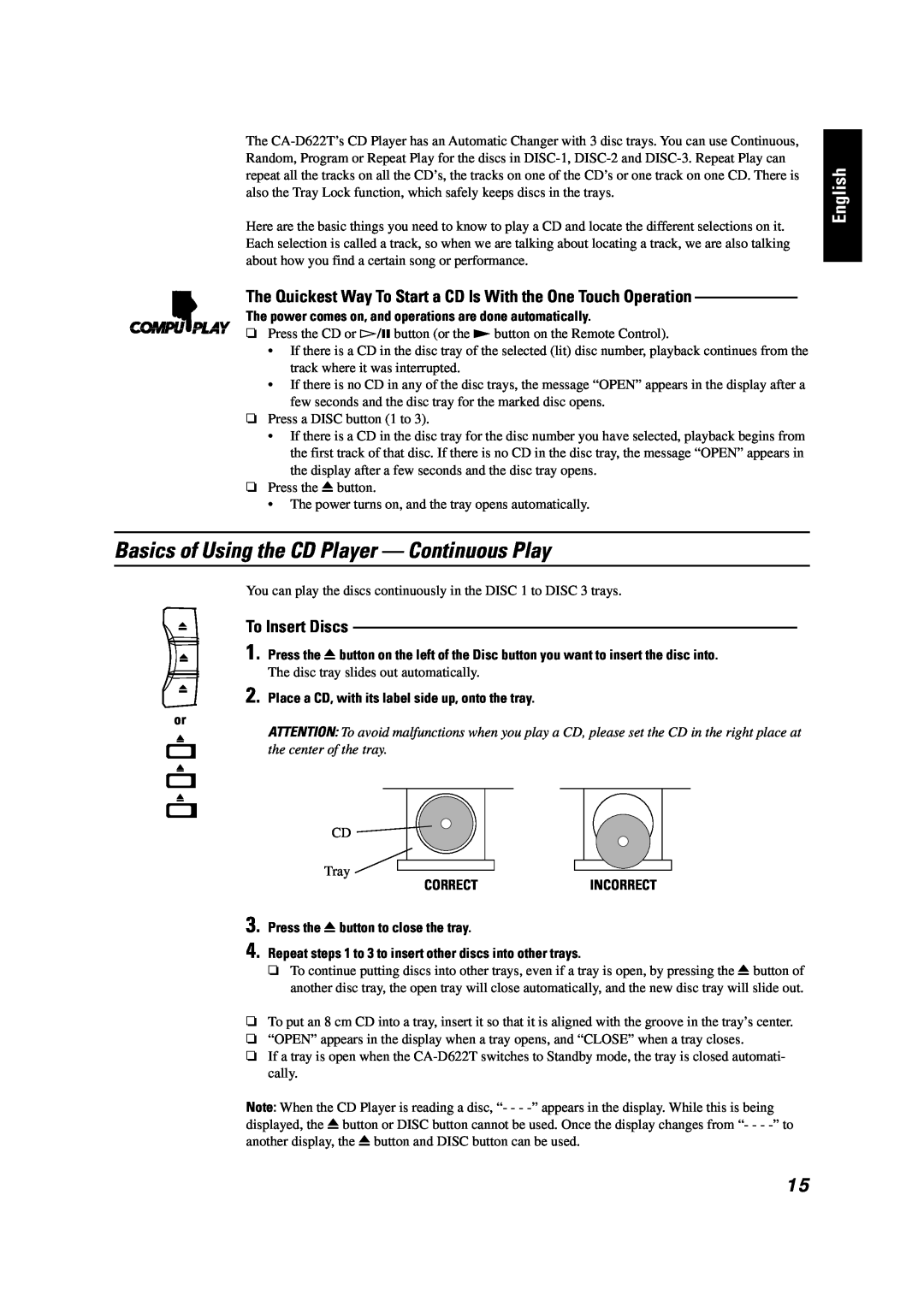 JVC GVT0001-002A manual Basics of Using the CD Player - Continuous Play, To Insert Discs, English, Correctincorrect 