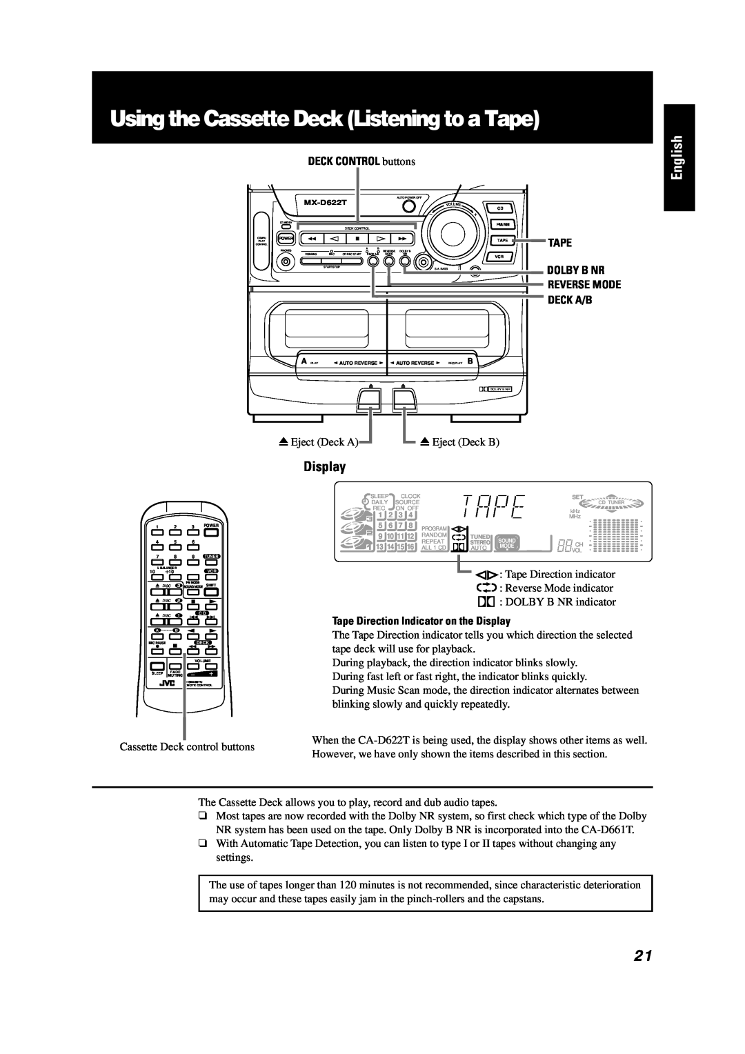 JVC GVT0001-002A manual Using the Cassette Deck Listening to a Tape, English, Display, DECK CONTROL buttons, Deck A/B 