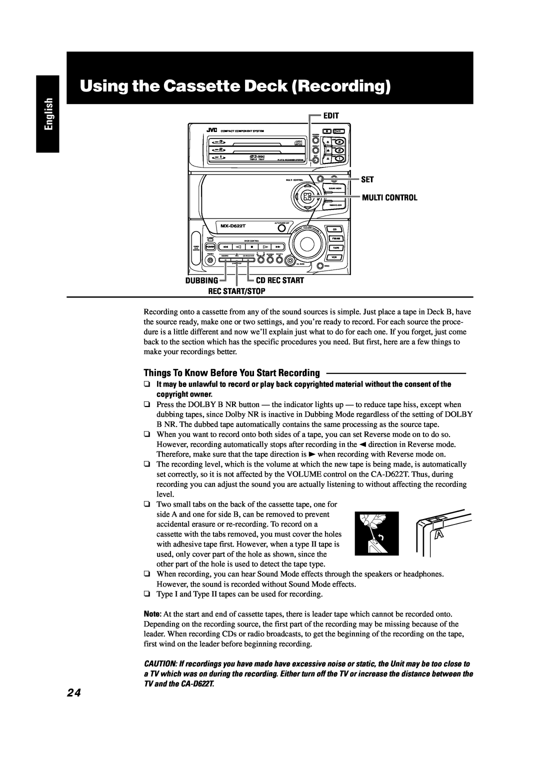 JVC GVT0001-002A manual Using the Cassette Deck Recording, English, Multi Control, Dubbing, Cd Rec Start, Rec Start/Stop 