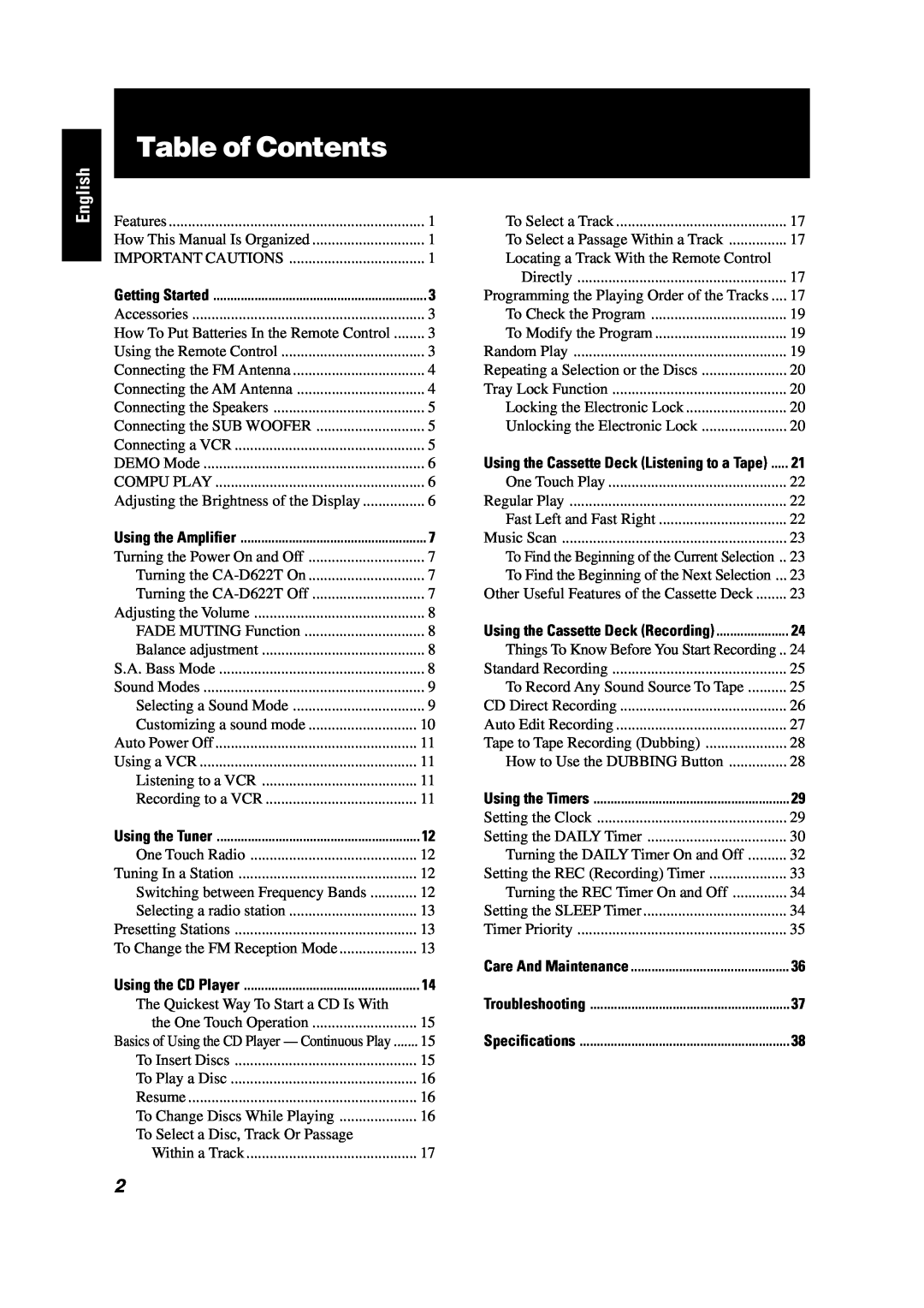 JVC GVT0001-002A manual Table of Contents, English 