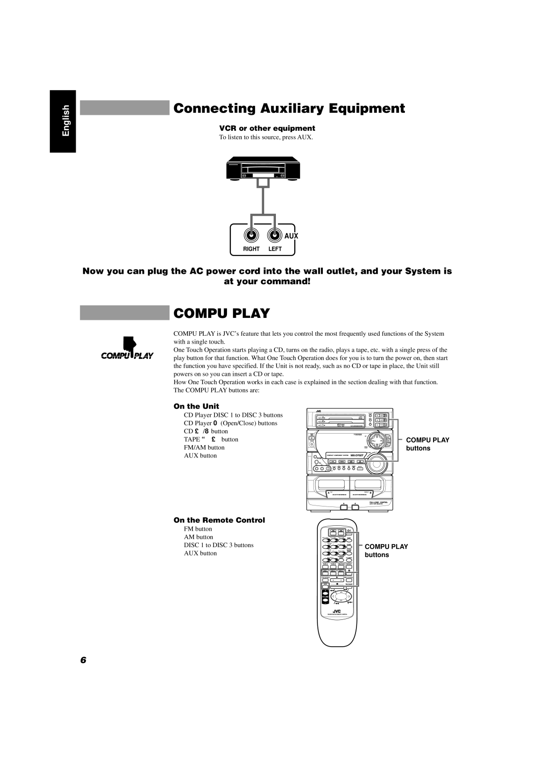 JVC GVT0004-003A, CA-D702T manual Connecting Auxiliary Equipment, VCR or other equipment, On the Unit, On the Remote Control 