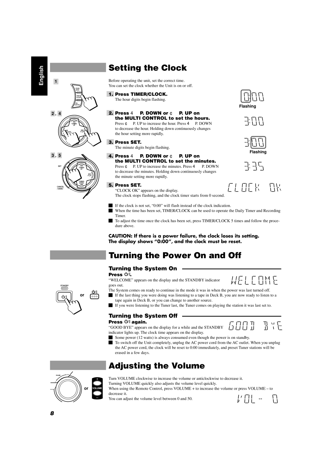 JVC GVT0004-003A, CA-D702T Setting the Clock, Turning the Power On and Off, Adjusting the Volume, Turning the System On 