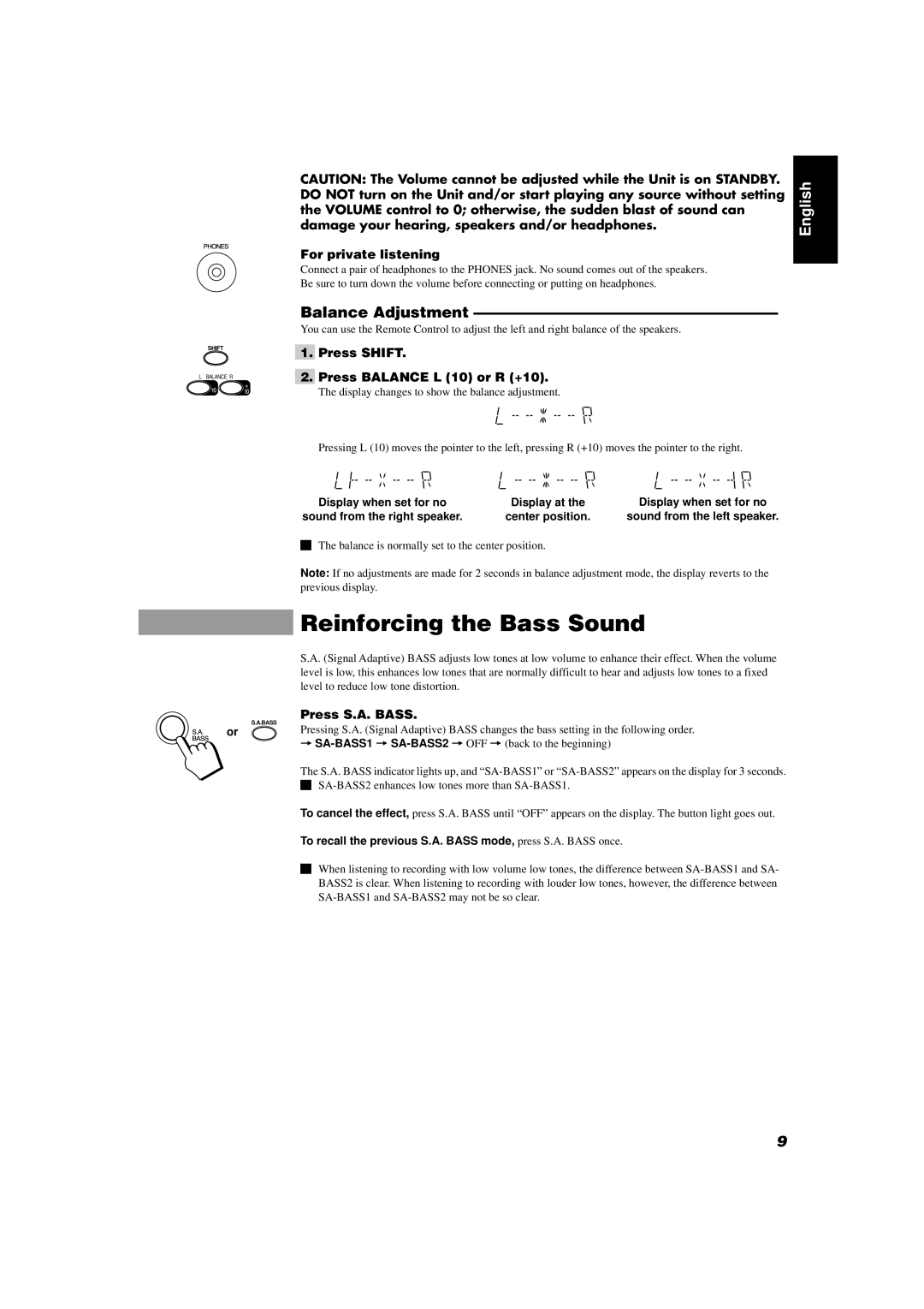 JVC CA-D702T, GVT0004-003A manual Reinforcing the Bass Sound, Balance Adjustment, For private listening, Press S.A. Bass 