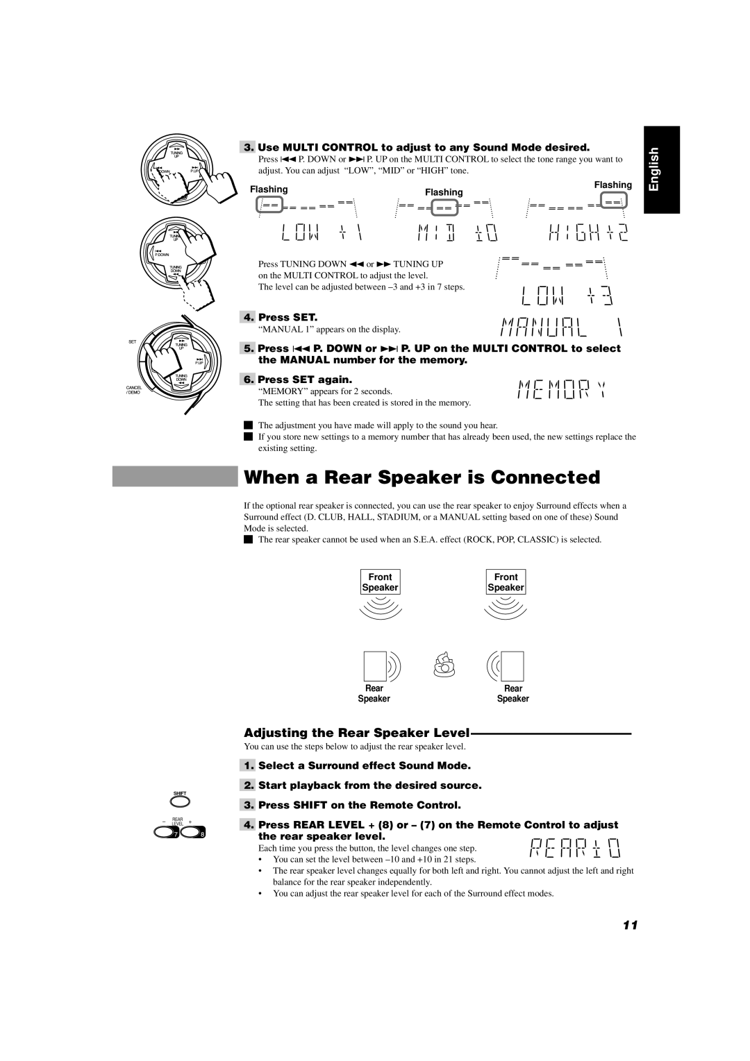 JVC CA-D702T, GVT0004-003A manual When a Rear Speaker is Connected, Adjusting the Rear Speaker Level, Front 