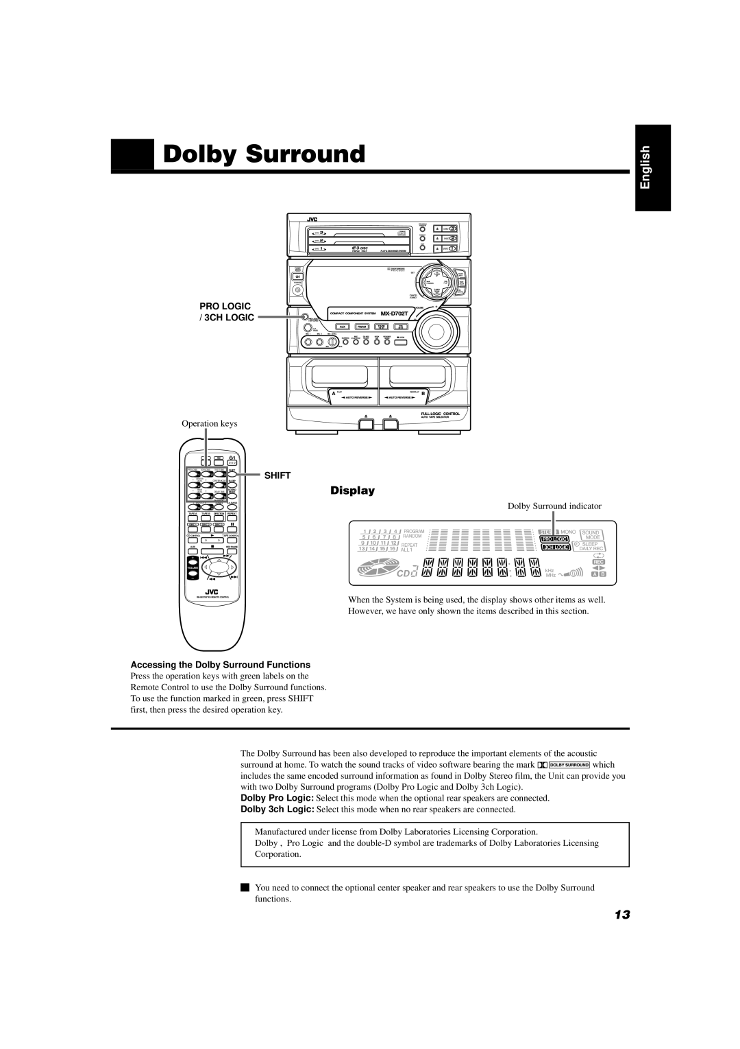 JVC CA-D702T, GVT0004-003A manual 3CH Logic, Accessing the Dolby Surround Functions 