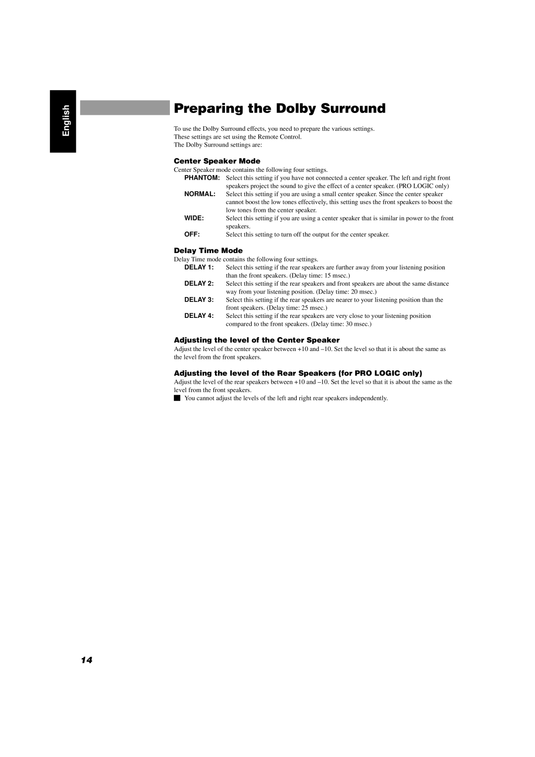 JVC GVT0004-003A, CA-D702T manual Preparing the Dolby Surround, Center Speaker Mode, Delay Time Mode 