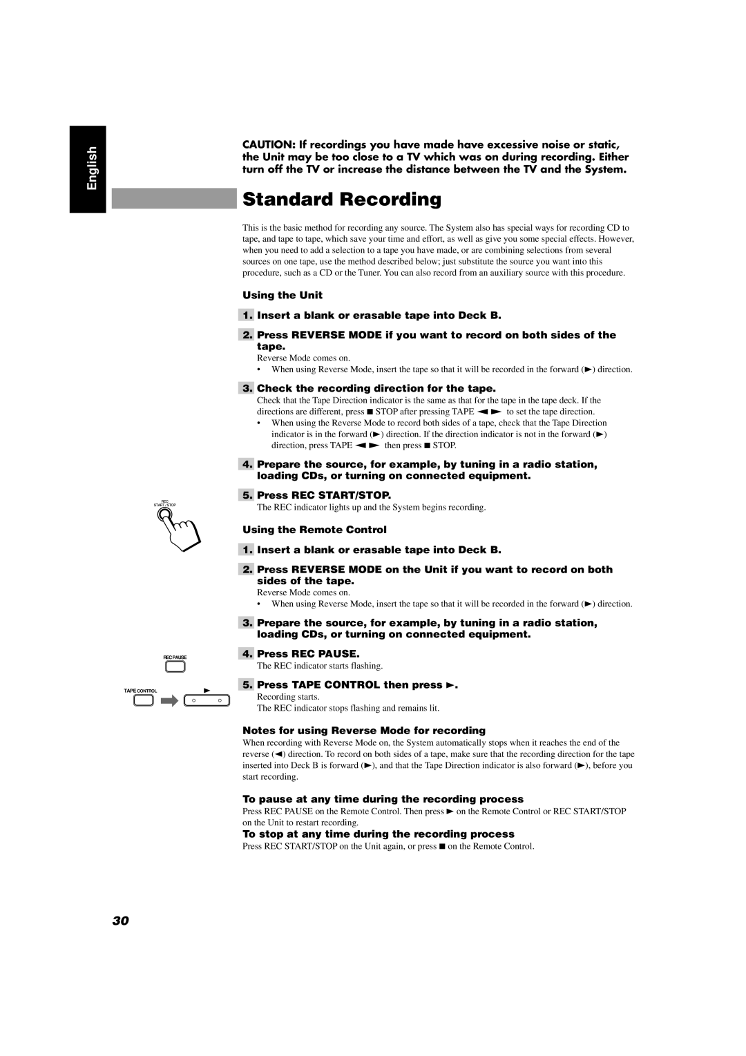 JVC GVT0004-003A, CA-D702T Standard Recording, Check the recording direction for the tape, Press Tape Control then press 