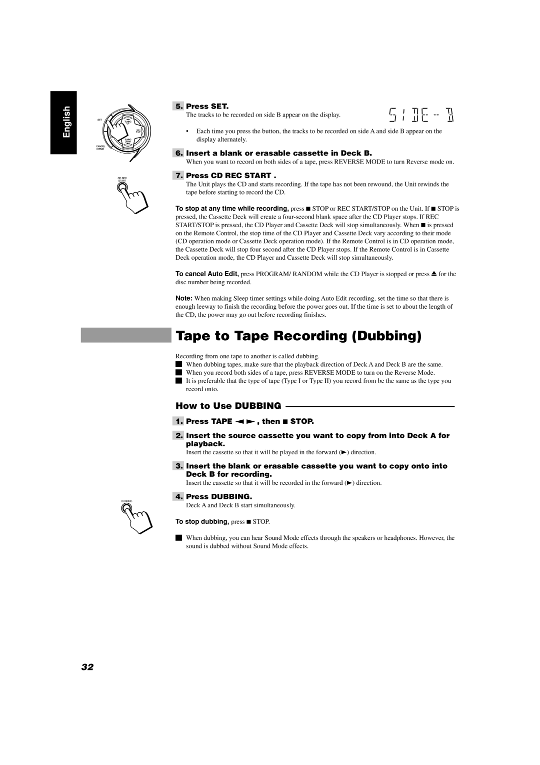 JVC GVT0004-003A, CA-D702T Tape to Tape Recording Dubbing, How to Use Dubbing, Press Dubbing, To stop dubbing, press 7STOP 