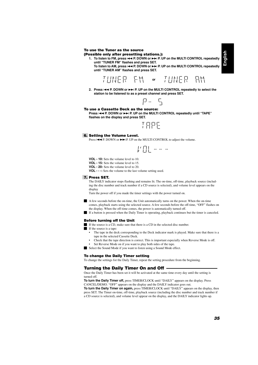 JVC CA-D702T manual Turning the Daily Timer On and Off, To use a Cassette Deck as the source, Setting the Volume Level 