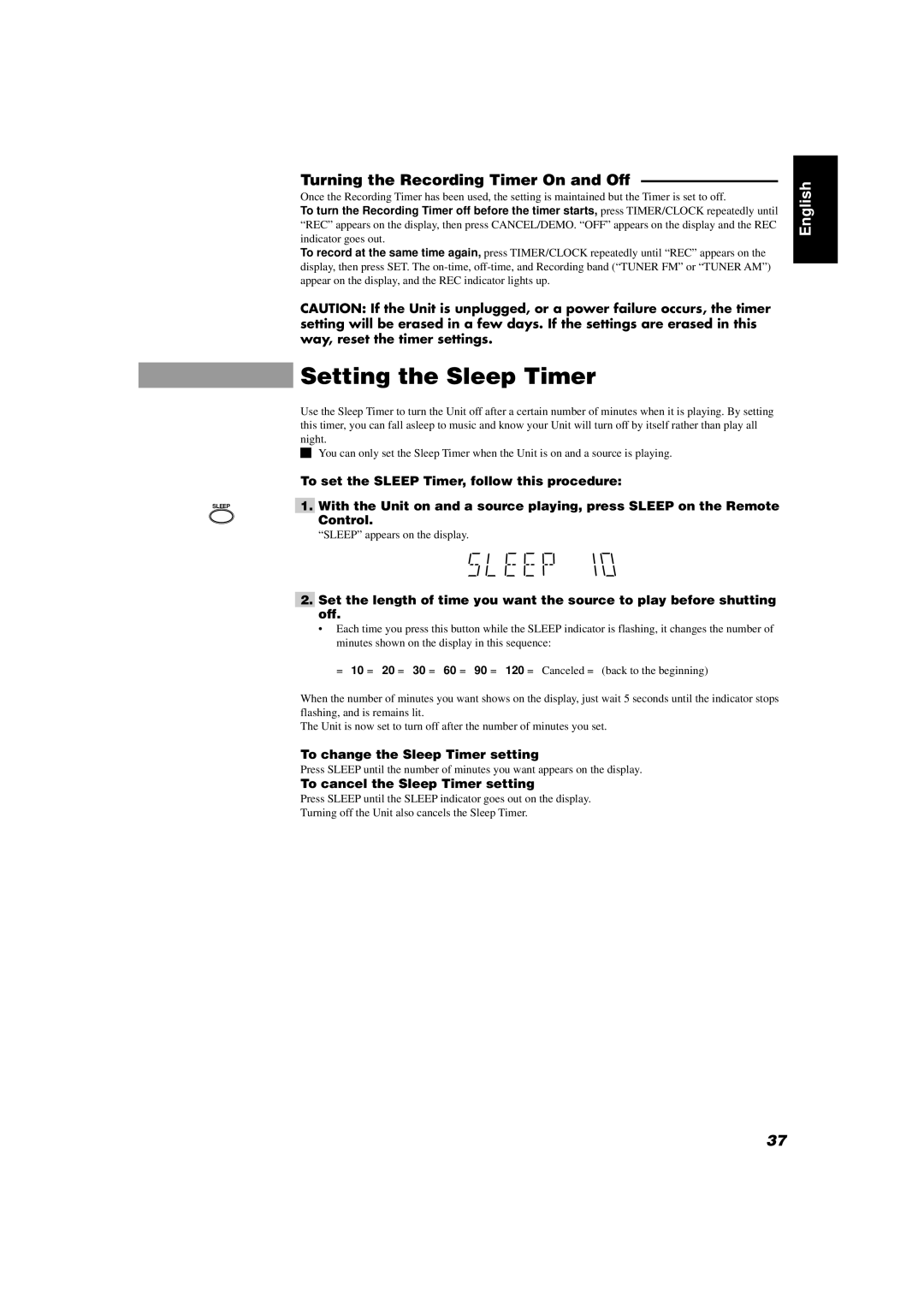 JVC CA-D702T manual Setting the Sleep Timer, Turning the Recording Timer On and Off, To change the Sleep Timer setting 