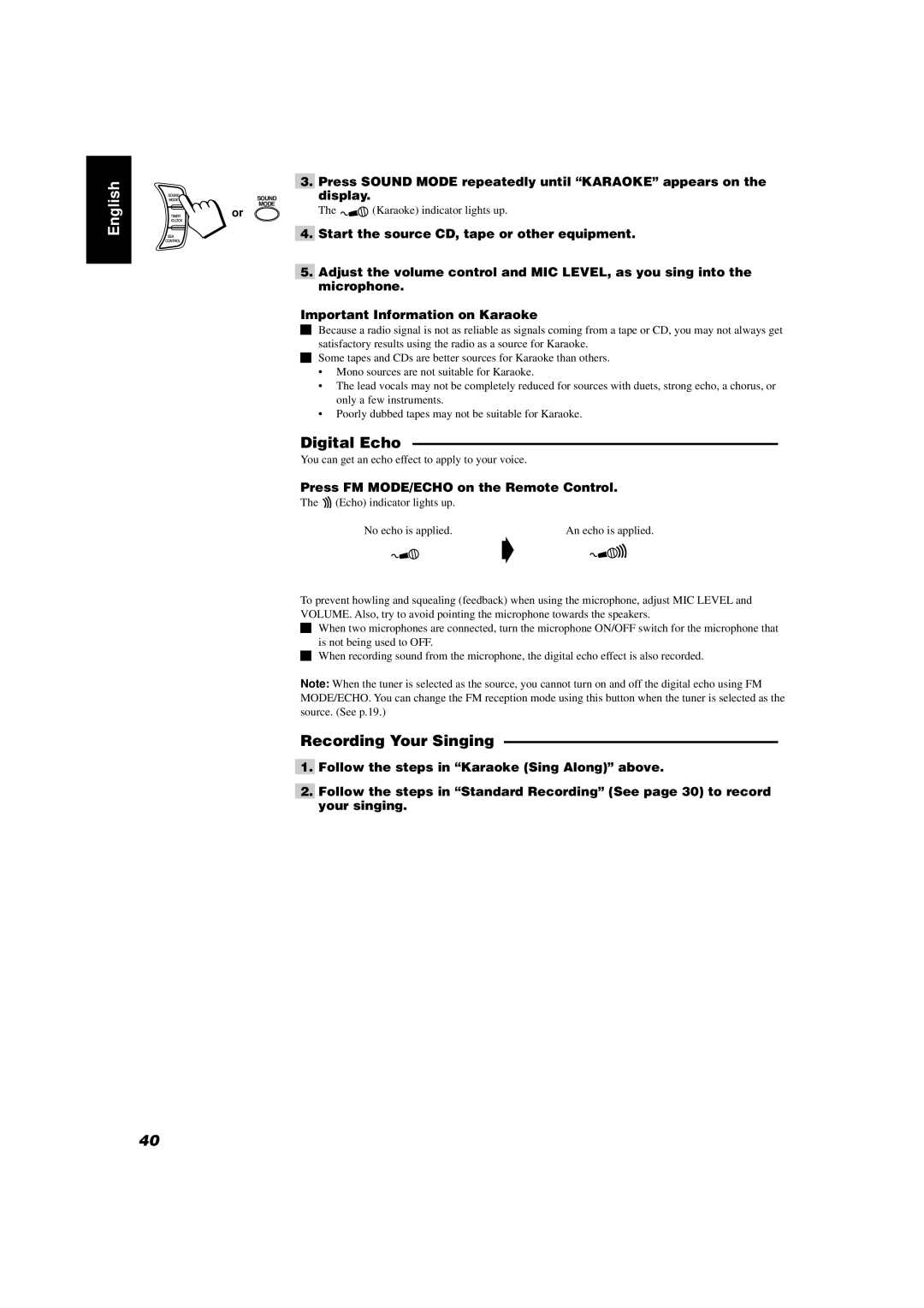 JVC GVT0004-003A, CA-D702T manual Digital Echo, Recording Your Singing, Press FM MODE/ECHO on the Remote Control 