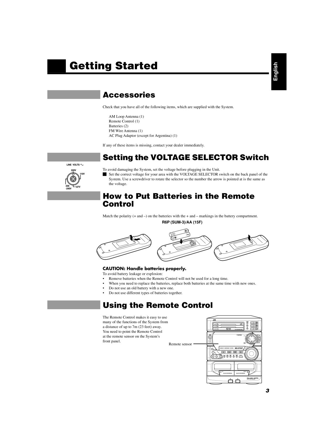 JVC CA-D702T Getting Started, Accessories, Setting the Voltage Selector Switch, How to Put Batteries in the Remote Control 