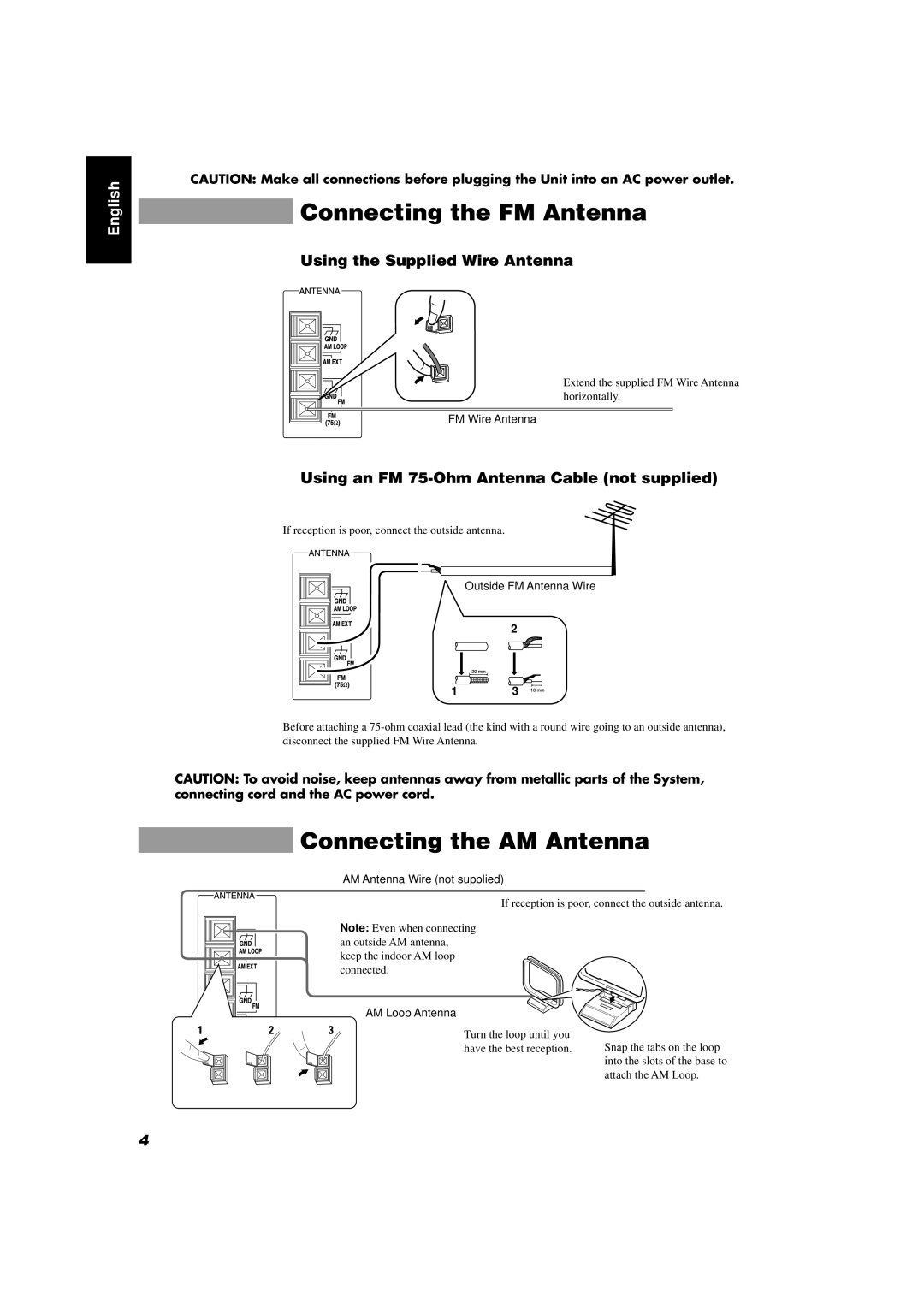 JVC GVT0004-003A, CA-D702T manual Connecting the FM Antenna, Connecting the AM Antenna, Using the Supplied Wire Antenna 