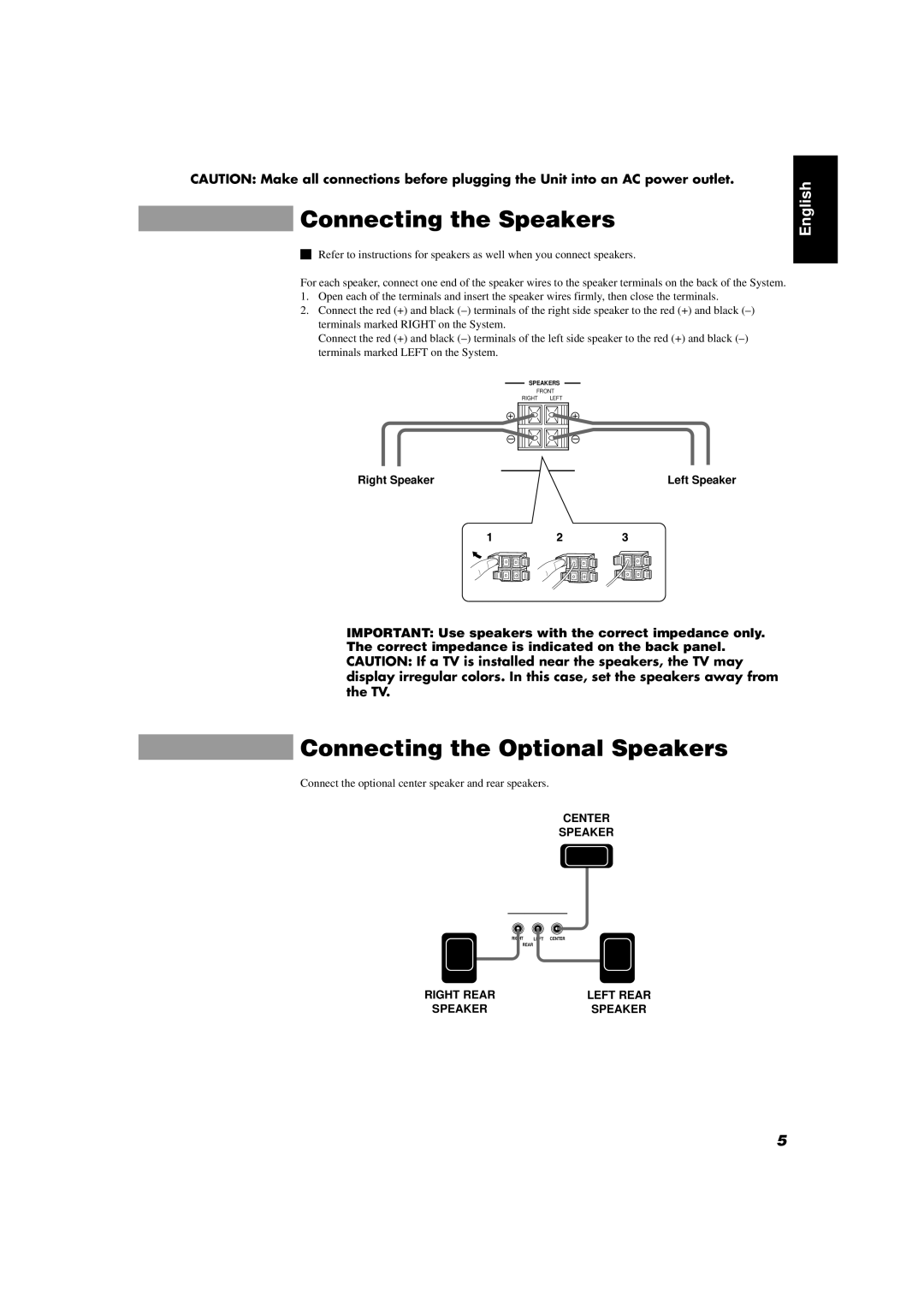 JVC CA-D702T, GVT0004-003A manual Connecting the Speakers, Connecting the Optional Speakers, Right Speaker 