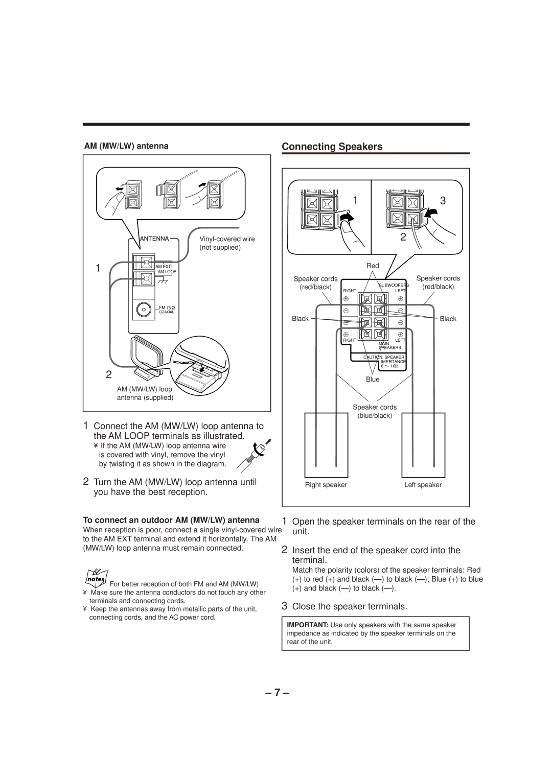 JVC GVT0052-008A manual Connecting Speakers, Close the speaker terminals, AM MW/LW antenna 