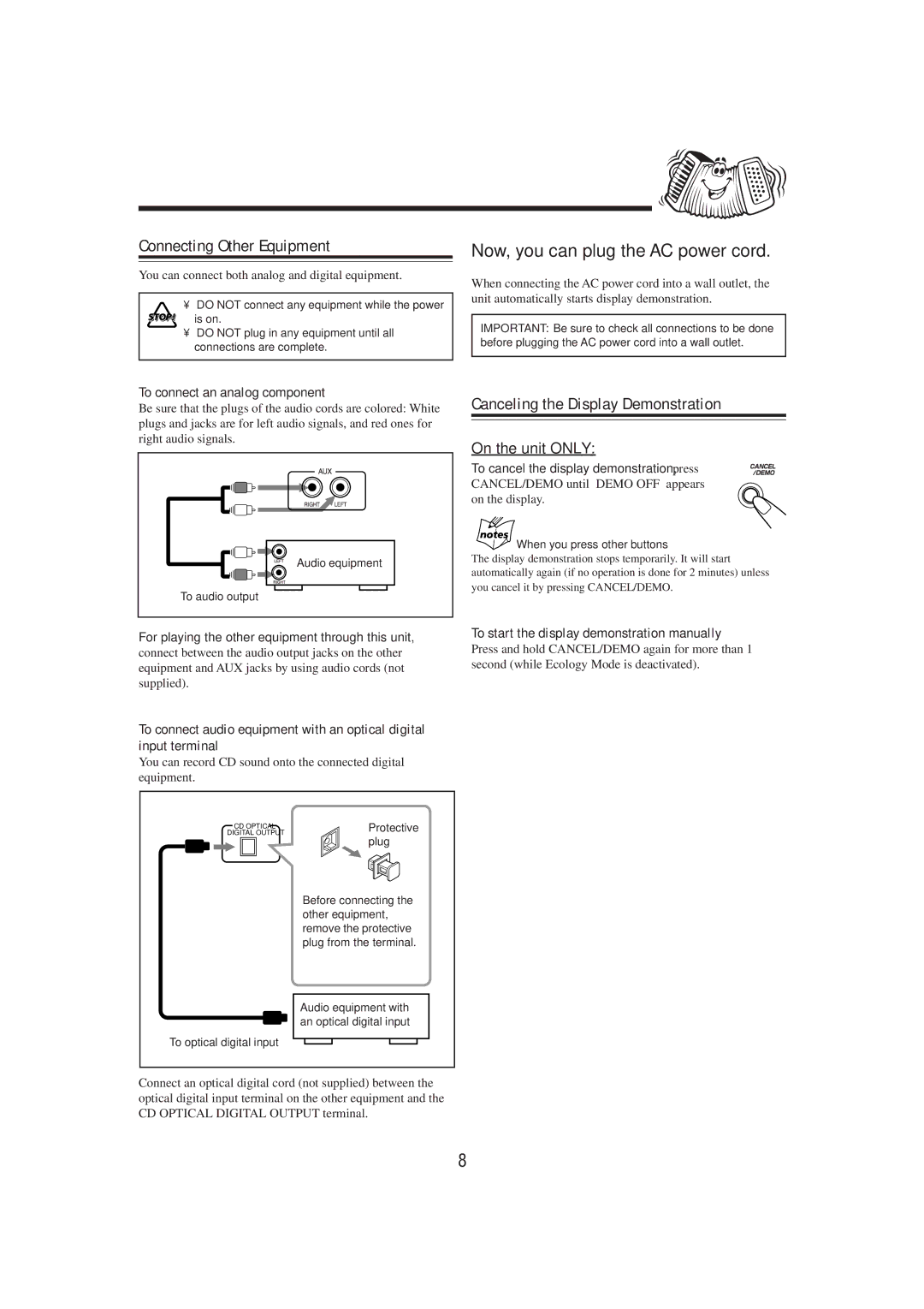 JVC GVT0052-008A manual Connecting Other Equipment, Canceling the Display Demonstration, On the unit only 