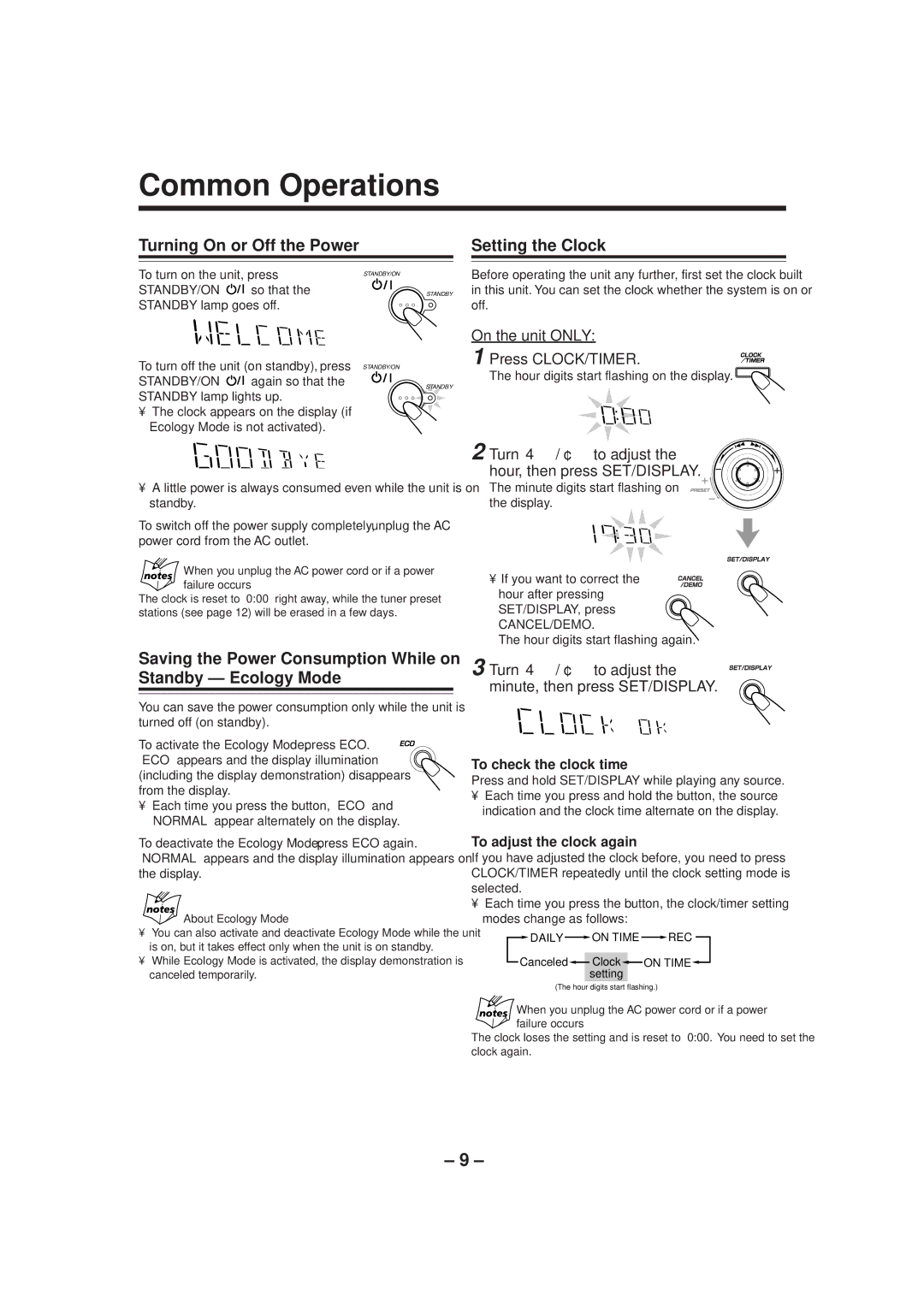 JVC GVT0052-008A manual Common Operations, Turning On or Off the Power Setting the Clock 