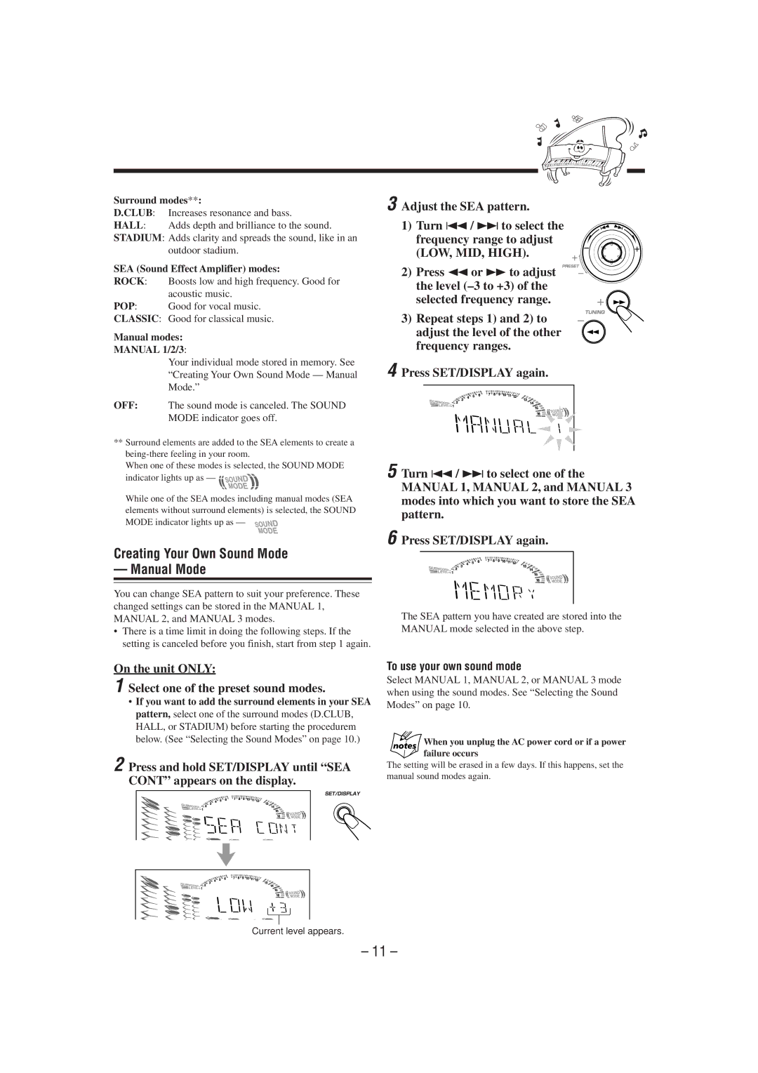 JVC GVT0052-008A manual Creating Your Own Sound Mode Manual Mode, On the unit only Select one of the preset sound modes 