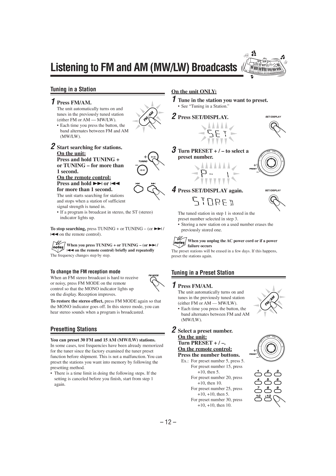 JVC GVT0052-008A manual Tuning in a Station, Presetting Stations, Tuning in a Preset Station, Press FM/AM 