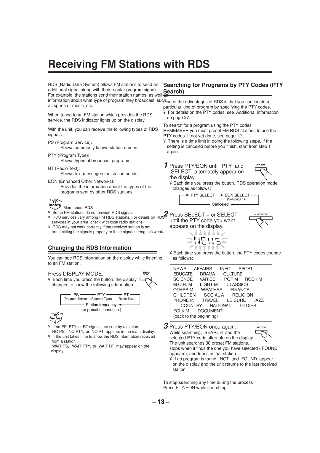 JVC GVT0052-008A manual Receiving FM Stations with RDS, Searching for Programs by PTY Codes PTY Search, Press Display Mode 