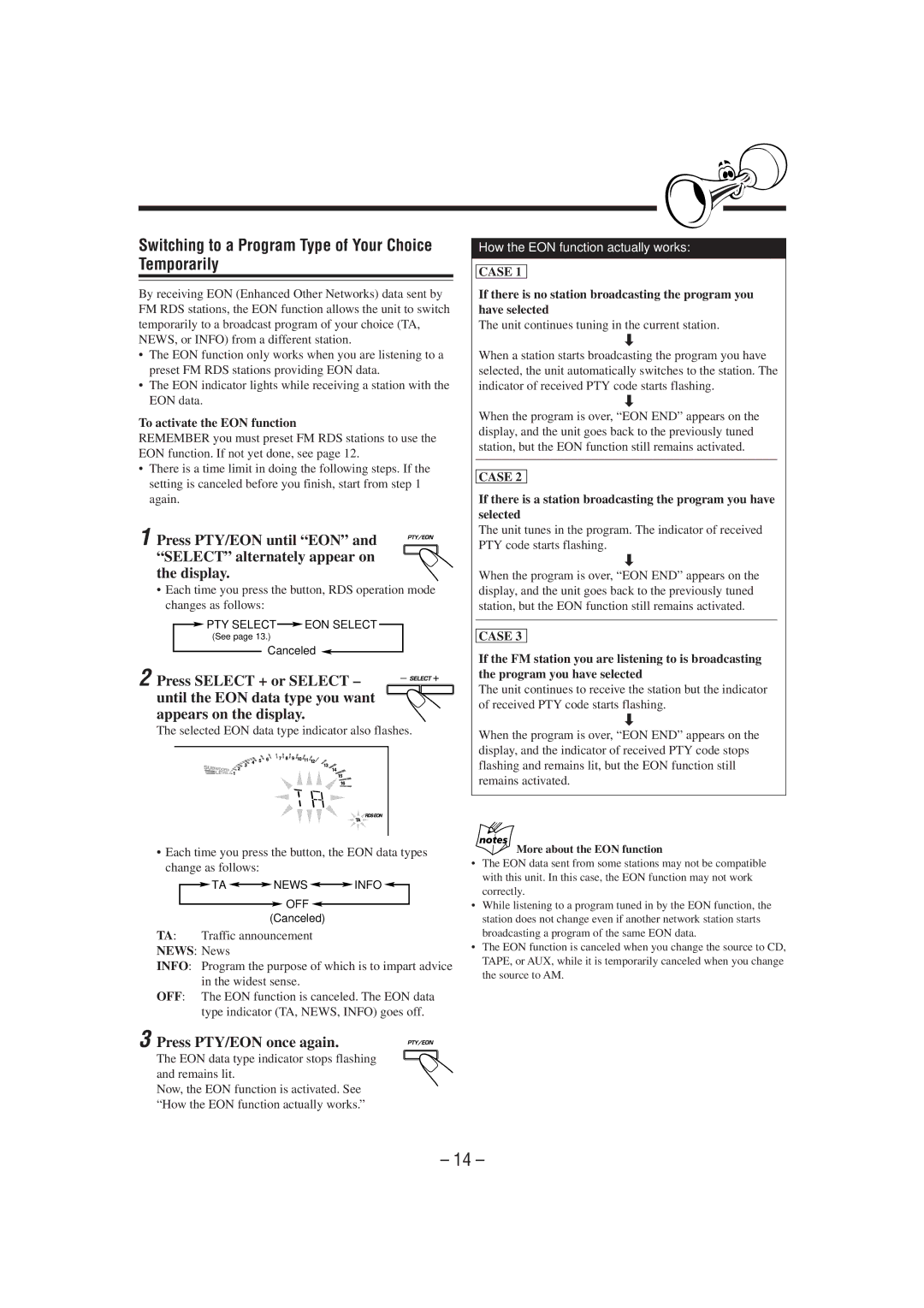 JVC GVT0052-008A manual Switching to a Program Type of Your Choice Temporarily, Press PTY/EON once again 