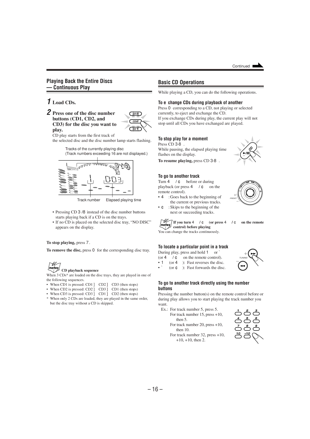 JVC GVT0052-008A manual Playing Back the Entire Discs Continuous Play, Basic CD Operations 