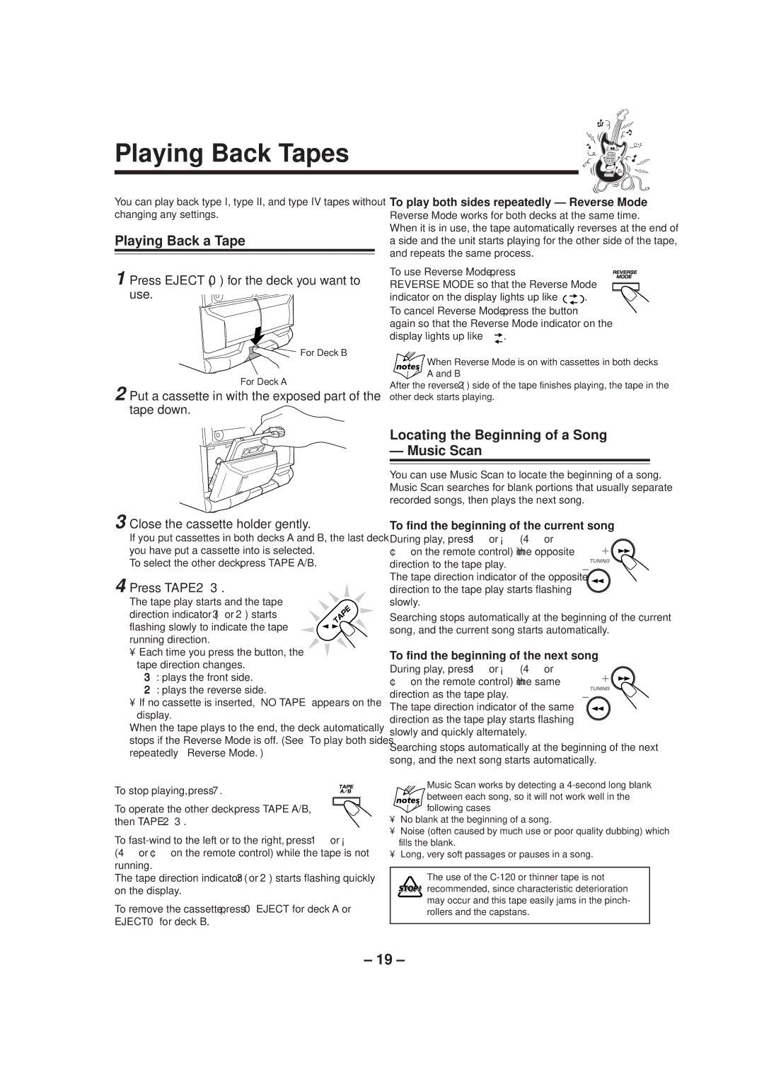 JVC GVT0052-008A manual Playing Back Tapes, Playing Back a Tape, Locating the Beginning of a Song Music Scan 