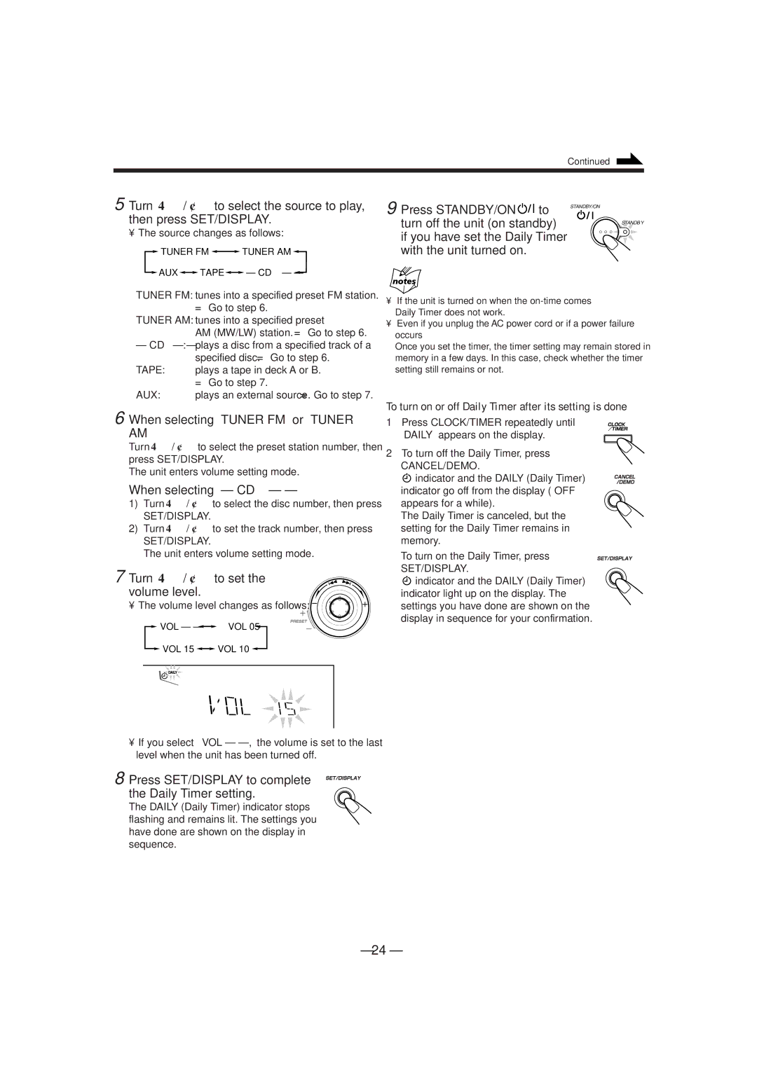 JVC GVT0052-008A manual When selecting Tuner FM or Tuner AM, When selecting CD, Turn 4/ ¢to set the volume level 