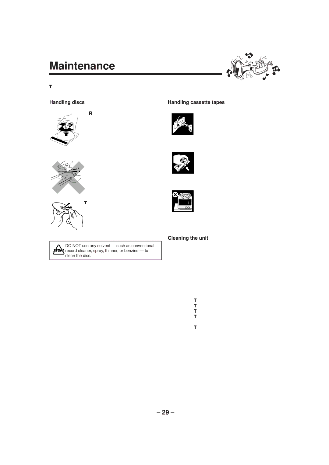 JVC GVT0052-008A manual Maintenance, Handling discs, Cleaning the unit, To clean the disc, Stains on the unit 