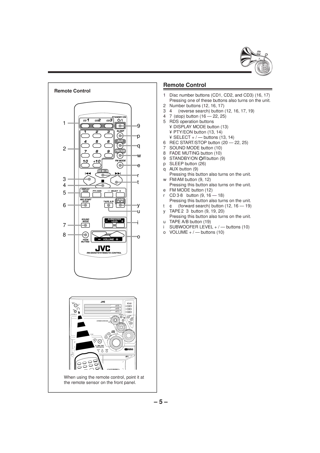 JVC GVT0052-008A manual Remote Control, CD 3´8button 9, 16, Subwoofer Level + / buttons 10 o Volume + / buttons 