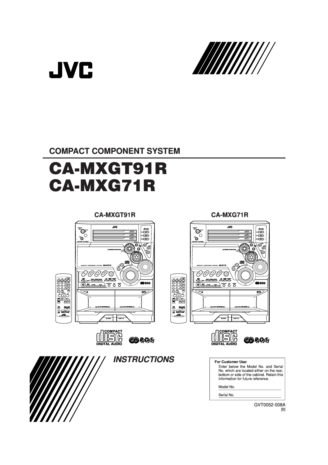JVC GVT0052-008A manual CA-MXGT91R CA-MXG71R, Compact Component System, Instructions, For Customer Use, MX-GT91R, MX-G71R 