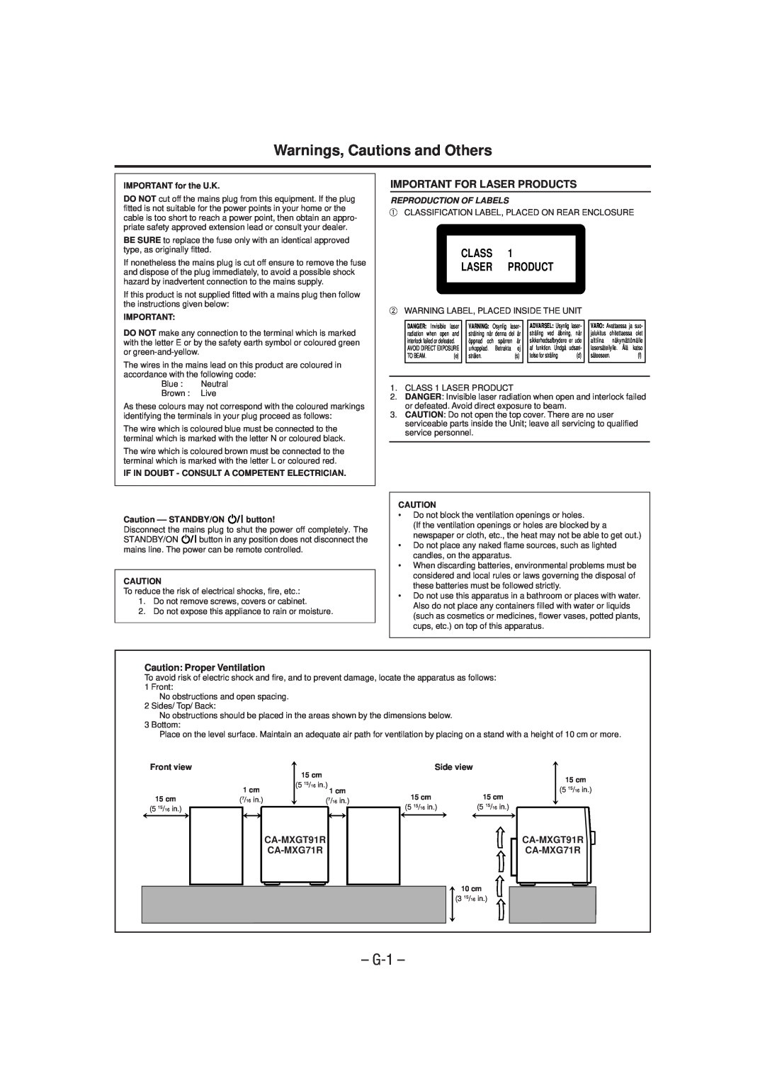 JVC GVT0052-008A manual Warnings, Cautions and Others, G-1, Class Laser Product, Important For Laser Products, Front view 