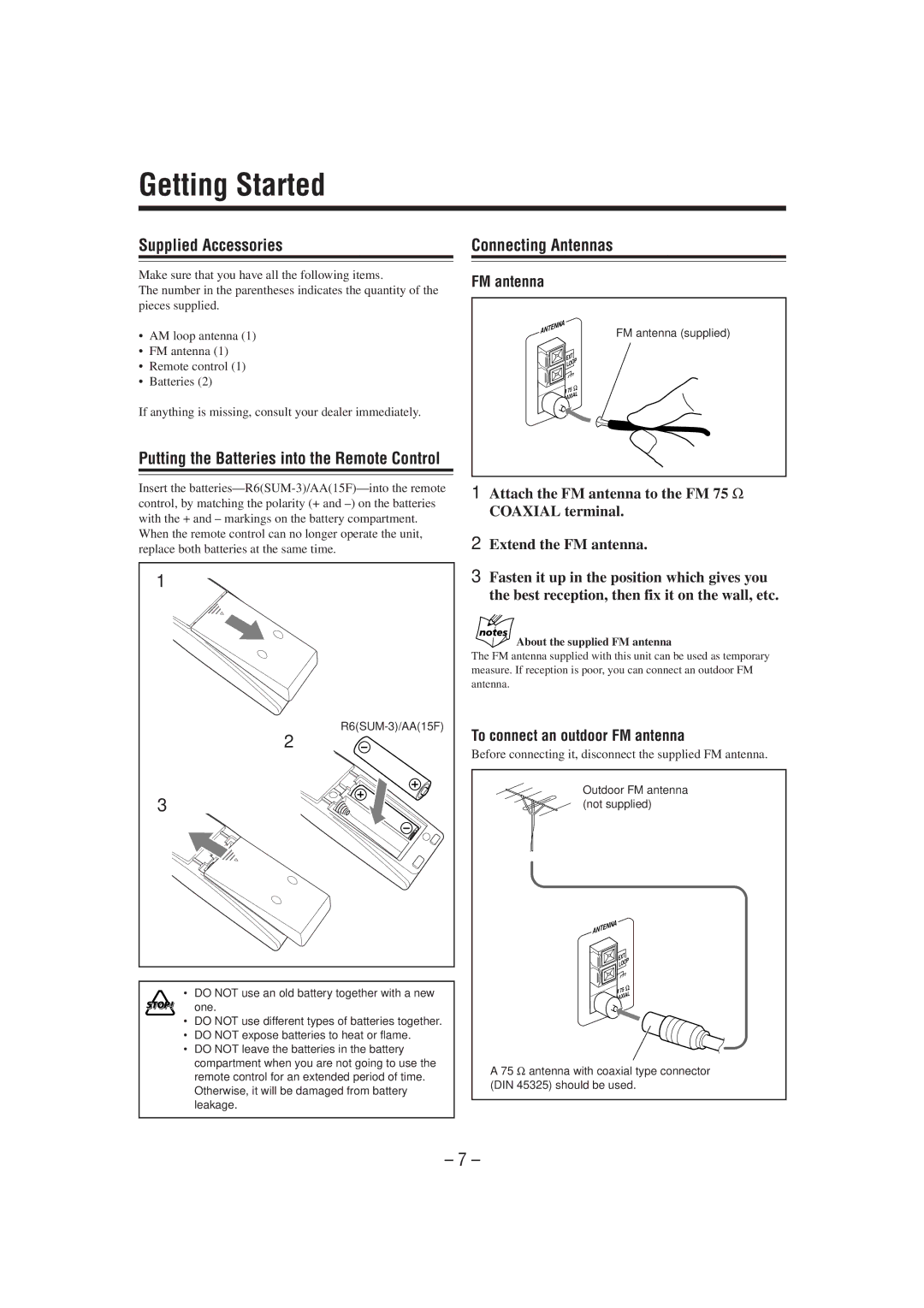 JVC GVT0077-008A manual Getting Started, Supplied Accessories Connecting Antennas, To connect an outdoor FM antenna 