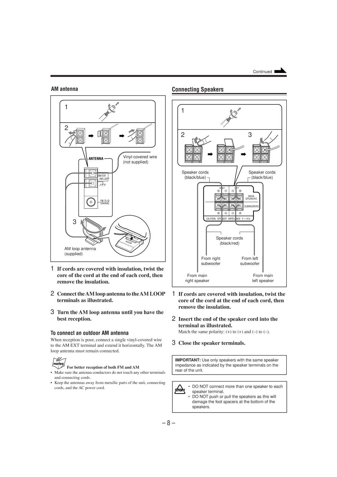 JVC GVT0077-008A manual Connecting Speakers, To connect an outdoor AM antenna, Close the speaker terminals 