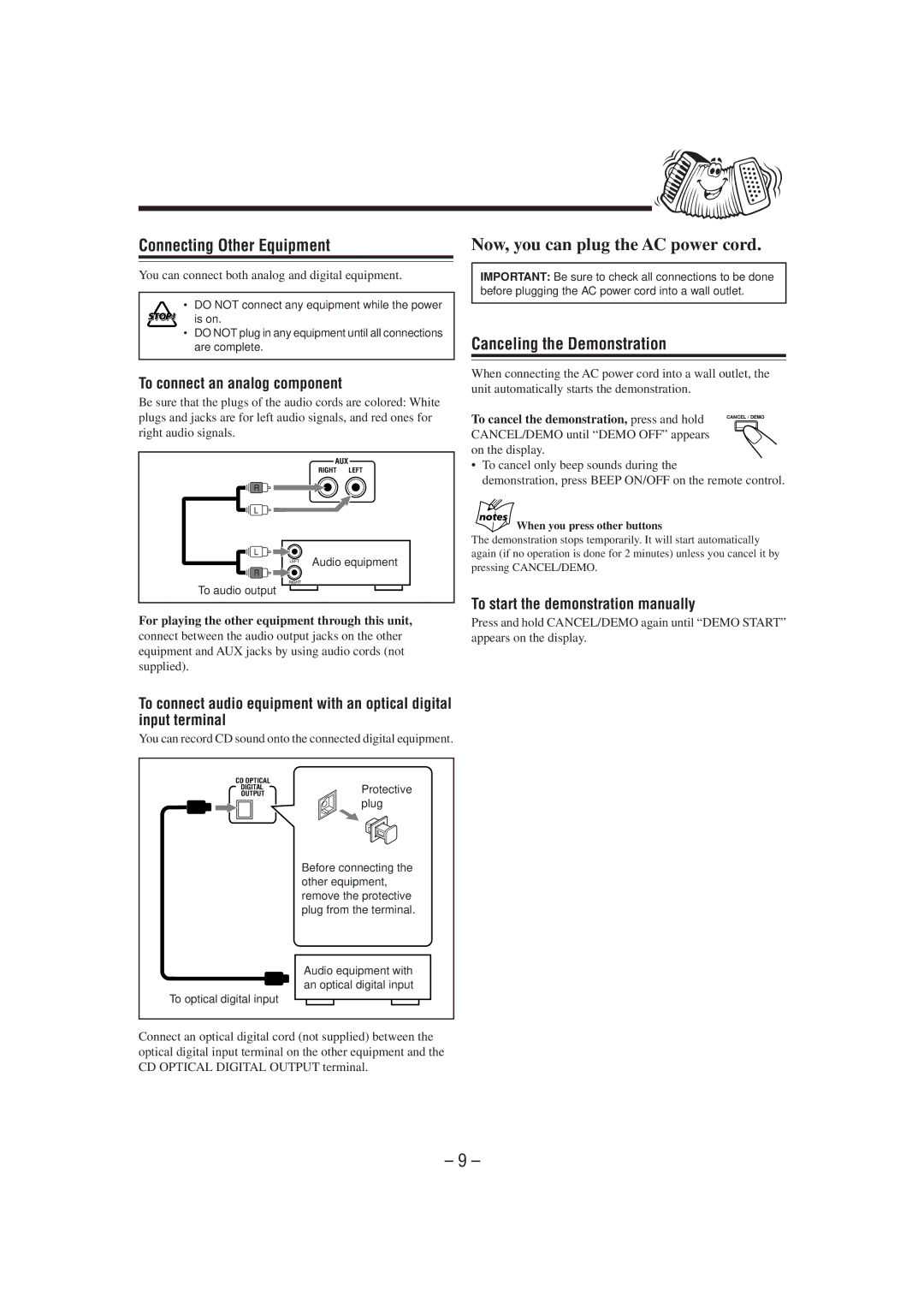 JVC GVT0077-008A manual Connecting Other Equipment, Canceling the Demonstration, To connect an analog component 