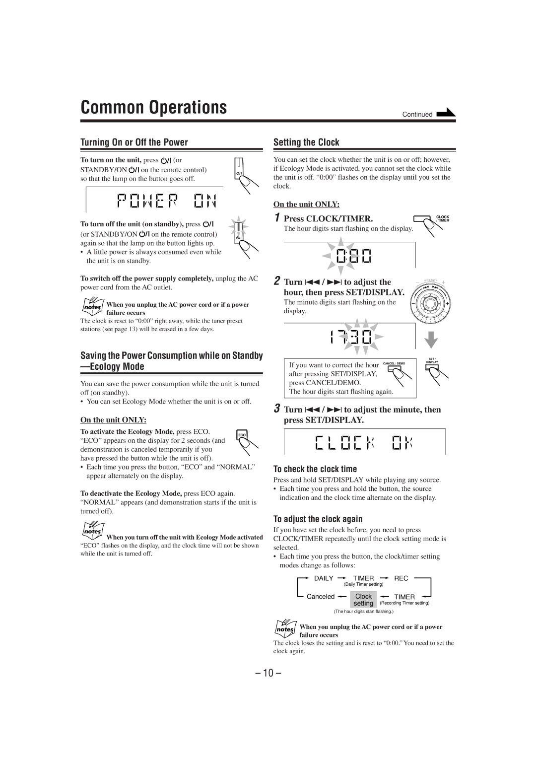 JVC GVT0077-008A manual Common Operations, Turning On or Off the Power, Setting the Clock 