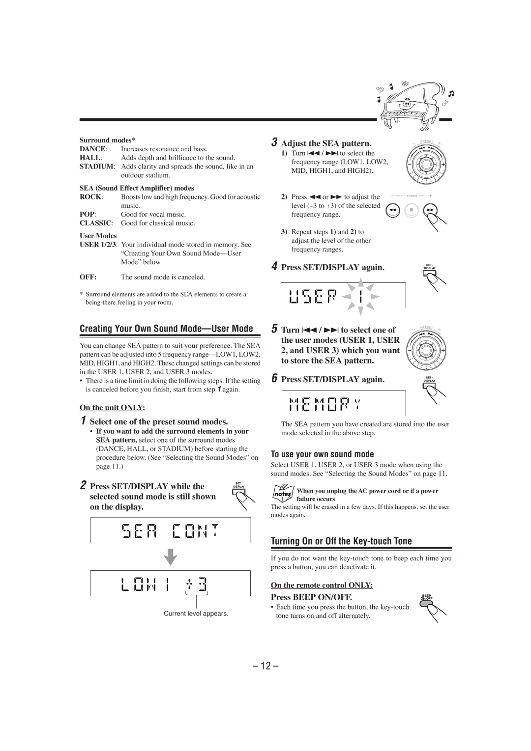 JVC GVT0077-008A Turning On or Off the Key-touch Tone, Creating Your Own Sound Mode-User Mode, To use your own sound mode 