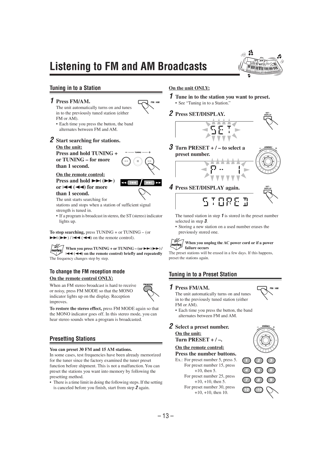 JVC GVT0077-008A manual Listening to FM and AM Broadcasts, Tuning in to a Station, Tuning in to a Preset Station 