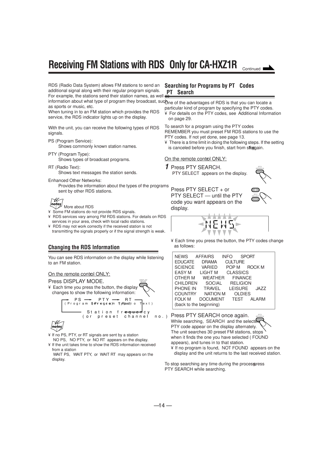 JVC GVT0077-008A manual Searching for Programs by PTY Codes PTY Search, Changing the RDS Information, Press PTY Search 