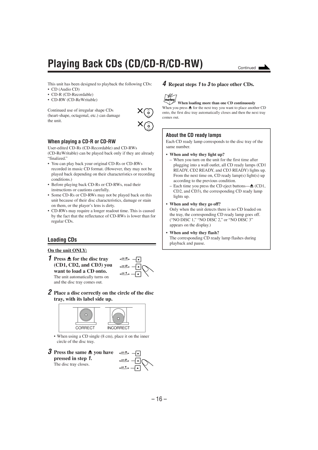 JVC GVT0077-008A manual Playing Back CDs CD/CD-R/CD-RW, Loading CDs, When playing a CD-R or CD-RW, About the CD ready lamps 