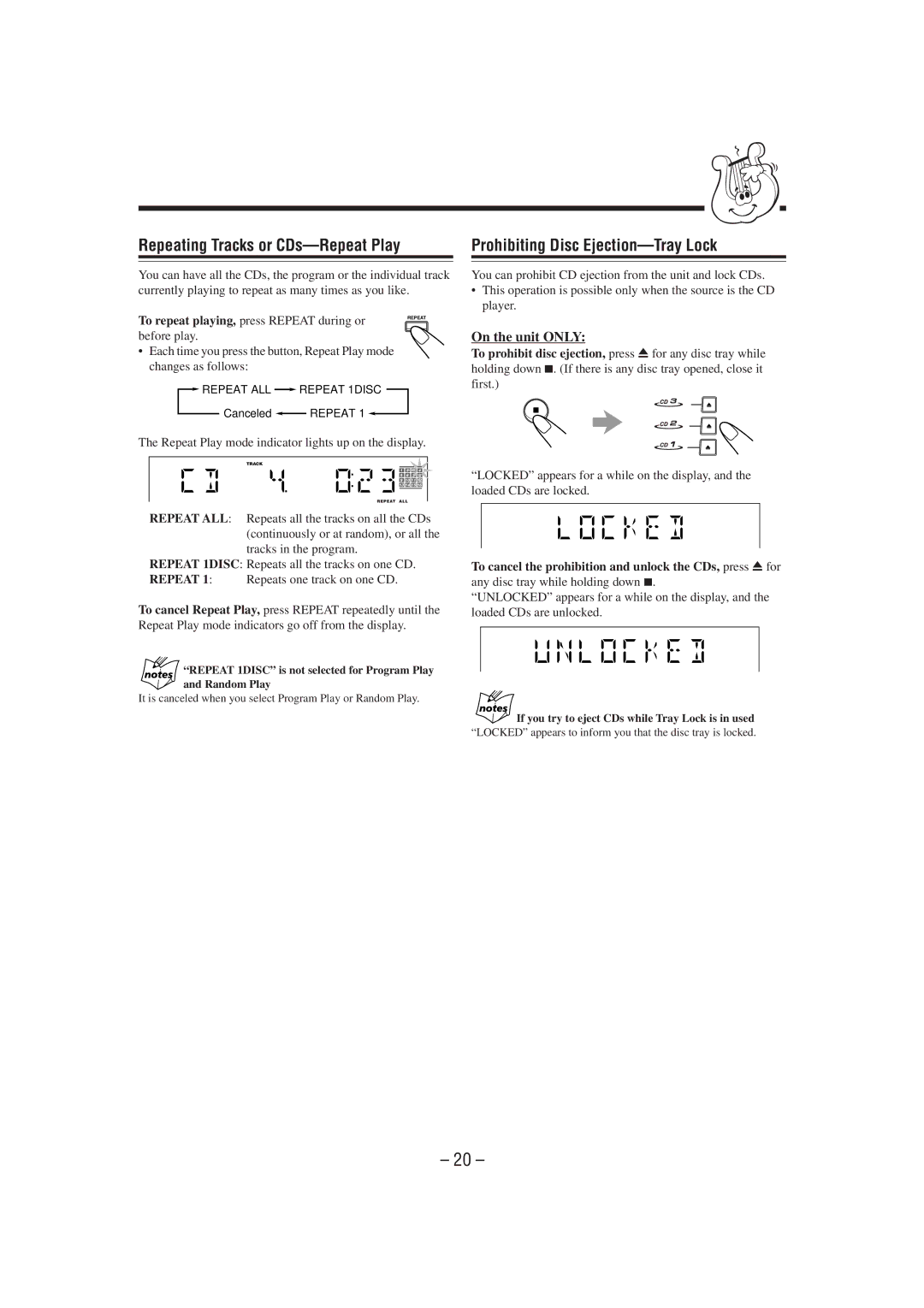 JVC GVT0077-008A manual Repeating Tracks or CDs-Repeat Play, Prohibiting Disc Ejection-Tray Lock 